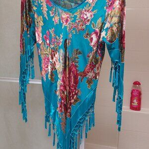 Gorgeous Vintage Turquoise Silk Tassel Blouse Top with Flowers!! Bohemian Gypsy